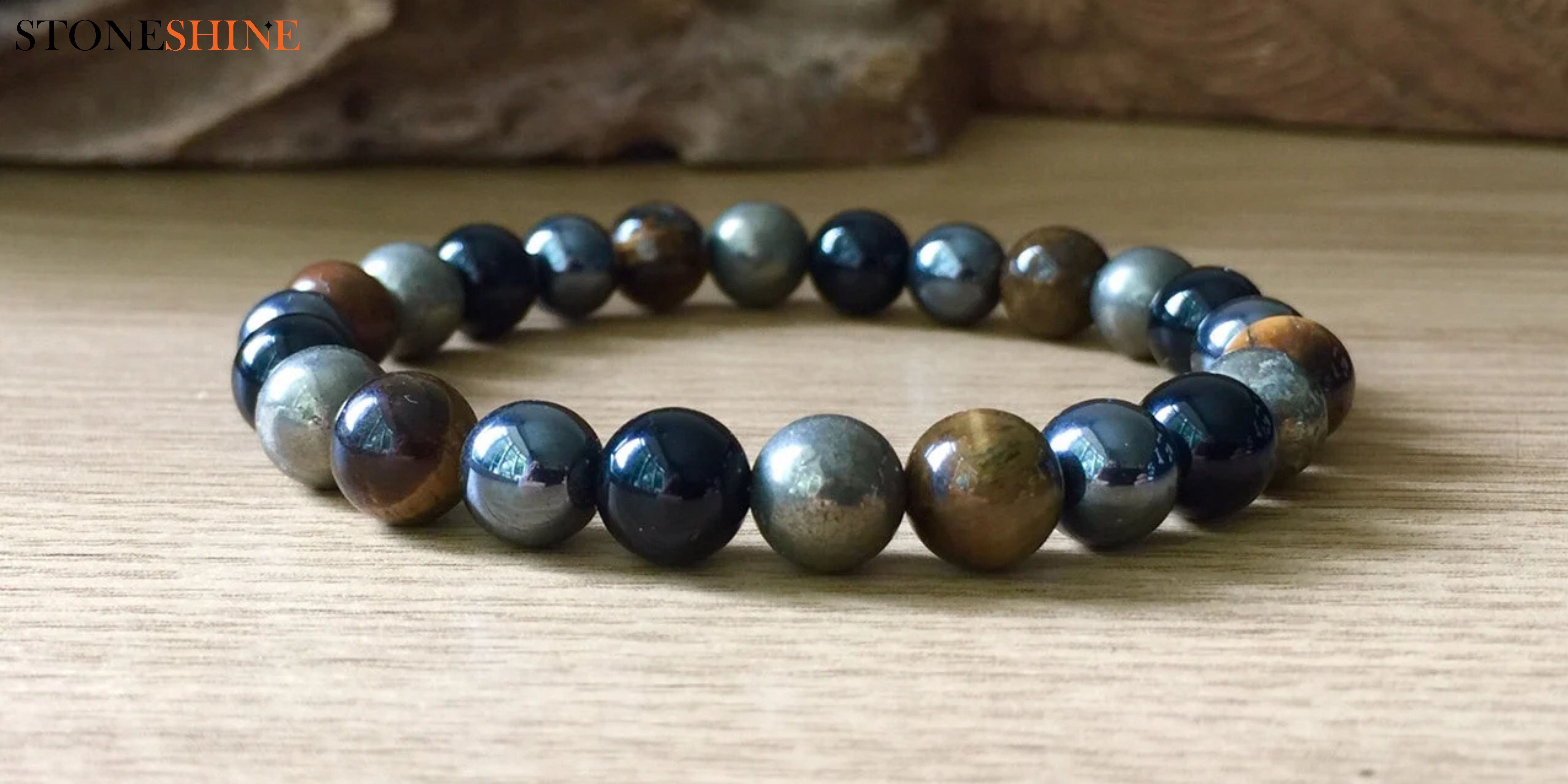 MOPOVO Natural Stone Beaded Bracelets For Men & Women - Tiger Eye, Black Agate, Lava Rock With Evil Eye (4mm-10mm Beads)