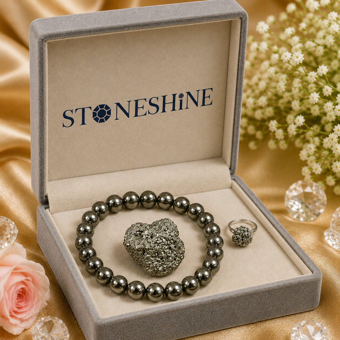 Dhan Labh Combo – Raw Pyrite Stone, Bracelet & Ring