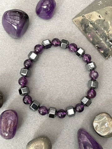 Hematite And Amethyst Crystal Bracelet