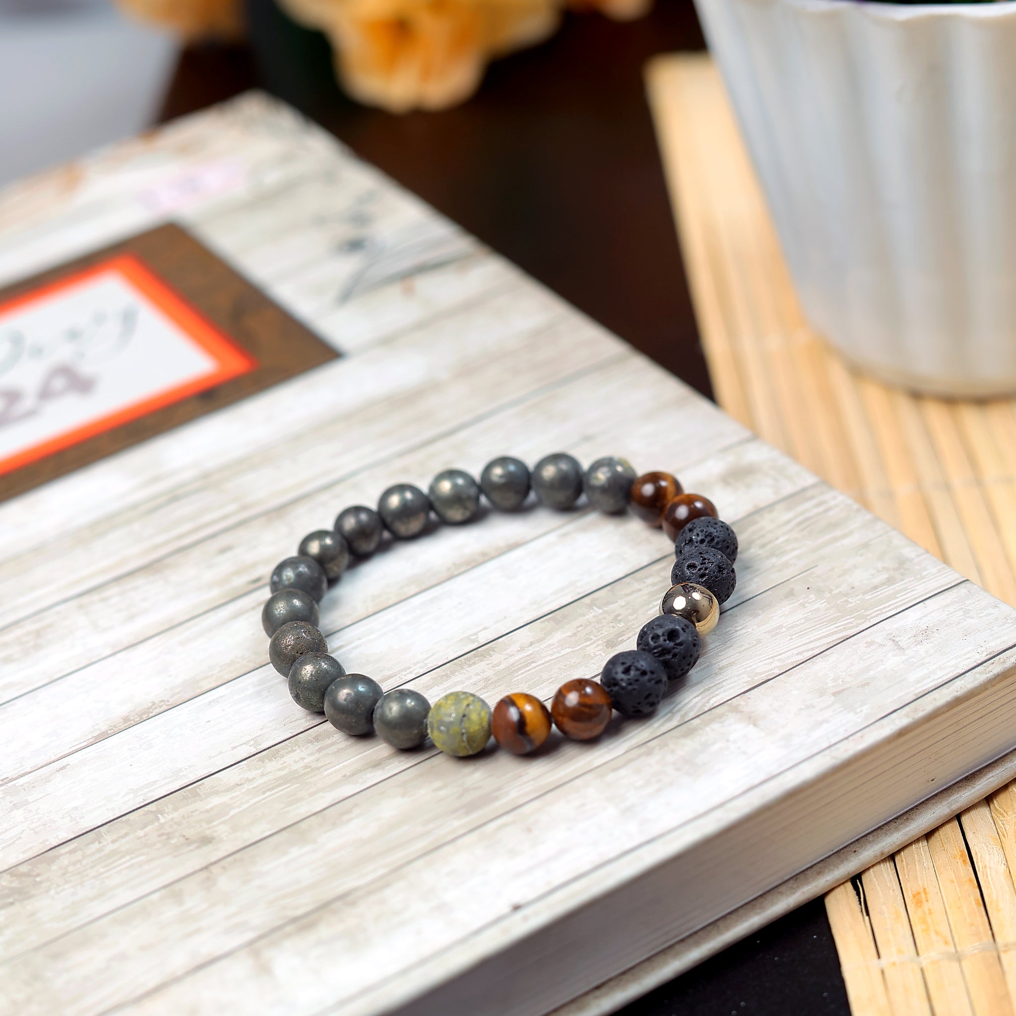Lava Stone Tiger Eye and Pyrite Agate Bracelet