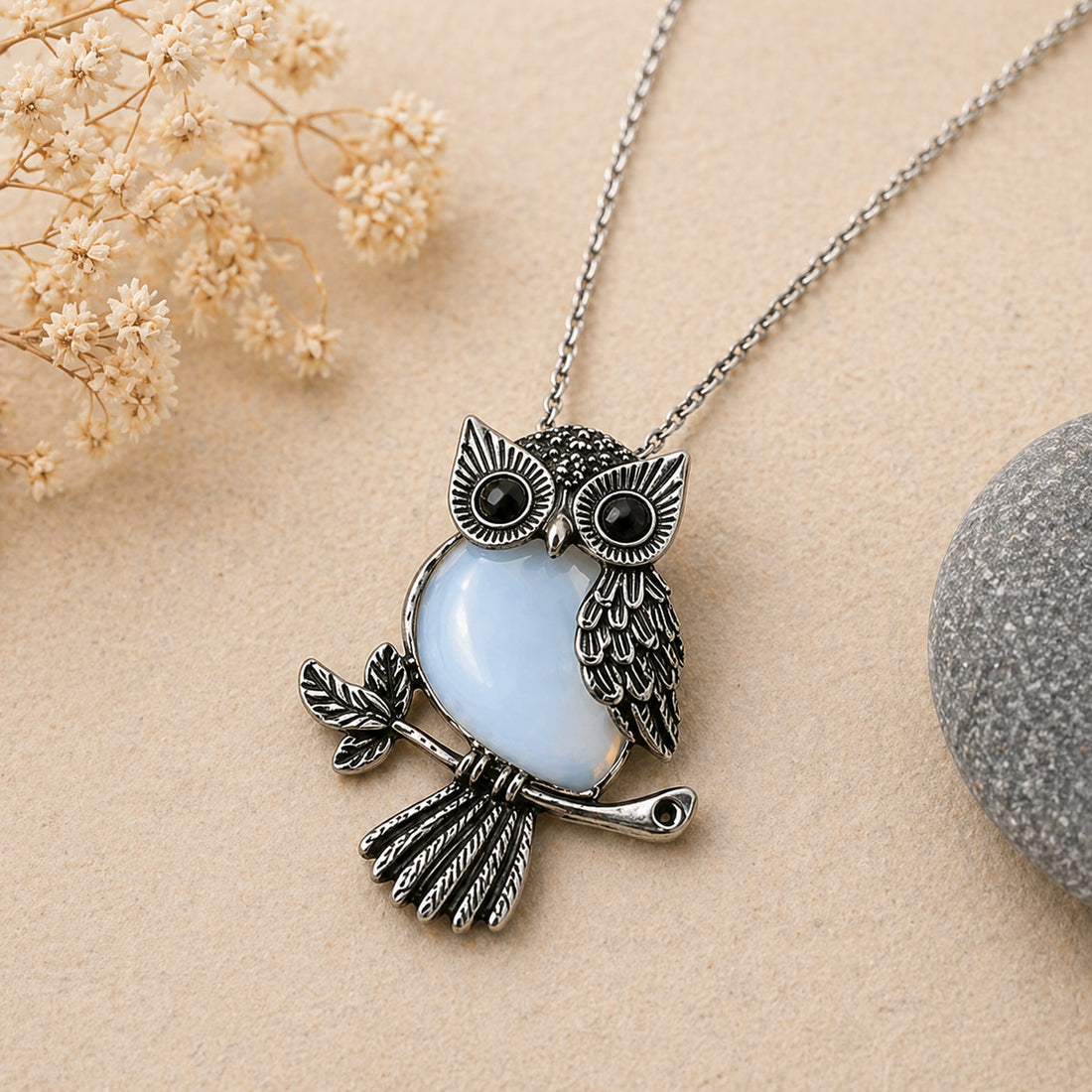 Natural Opal Stone Owl Necklace Pendant Healing Gemstone