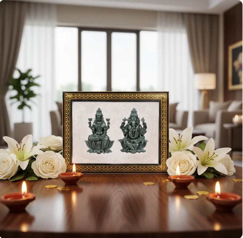 Pyrite Lakshmi ji & Ganesh Ji on Selenite Frame