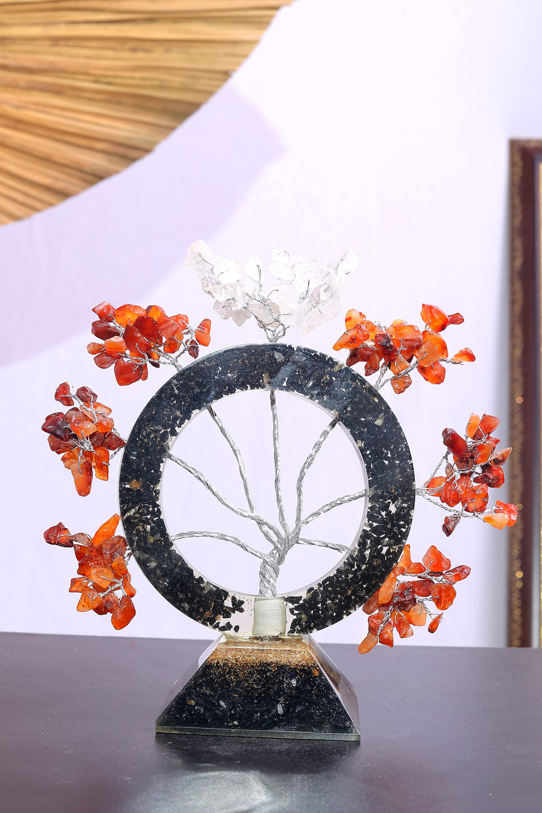 Clear Quartz And Carnelian Crystal Tree With Black Tourmaline Stone