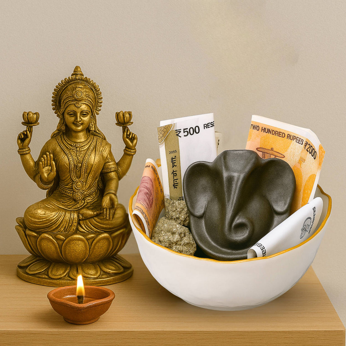 Selenite Money Bowl with Pyrite Ganesh Ji Idol